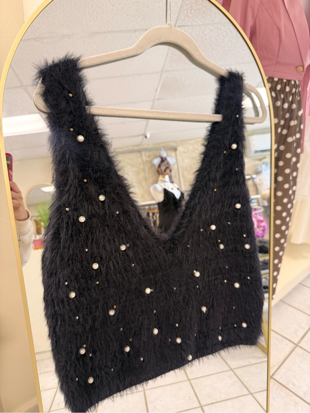 New** Black Faux-Fur Pearl Embellished V-Neck Tank Top